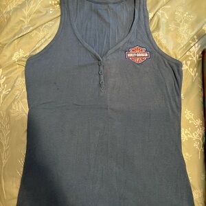 Harley-Davidson Blue Ribbed Henley Tank with Orange Logo Patch